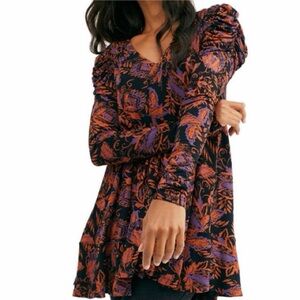Free People Hello Lover Long Sleeve Ruched Bohemian Tunic Style Dress